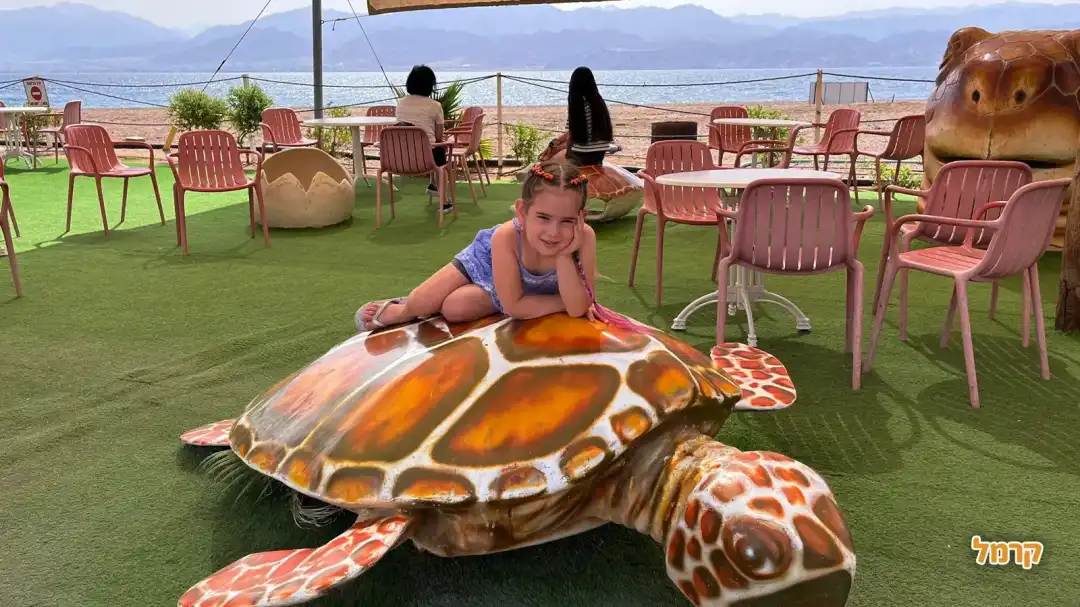 ילדה יושבת על פסל של צב ענק