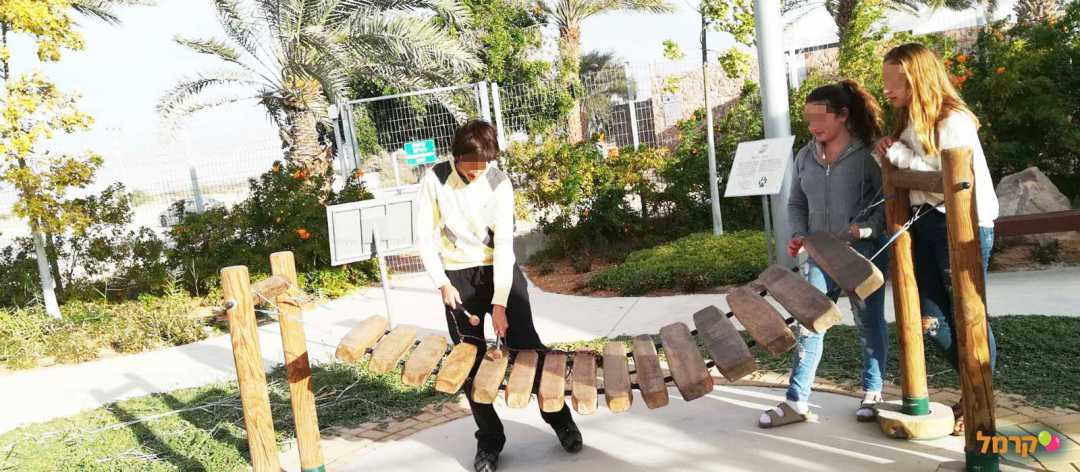 אישה מקישה על חתיכות עץ הנראות כקסילופון