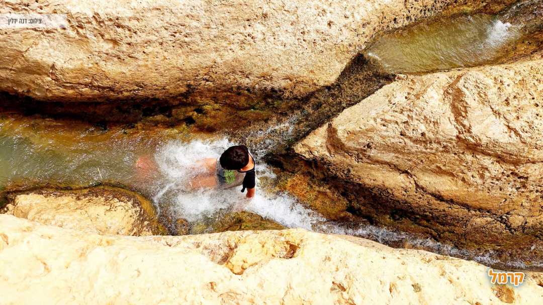 ילד יושב במים של נחל ערוגות