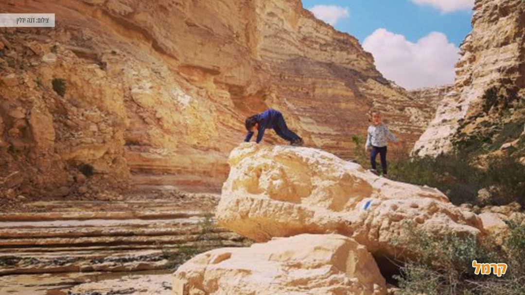 ילדים מטפסים על סלע ענק